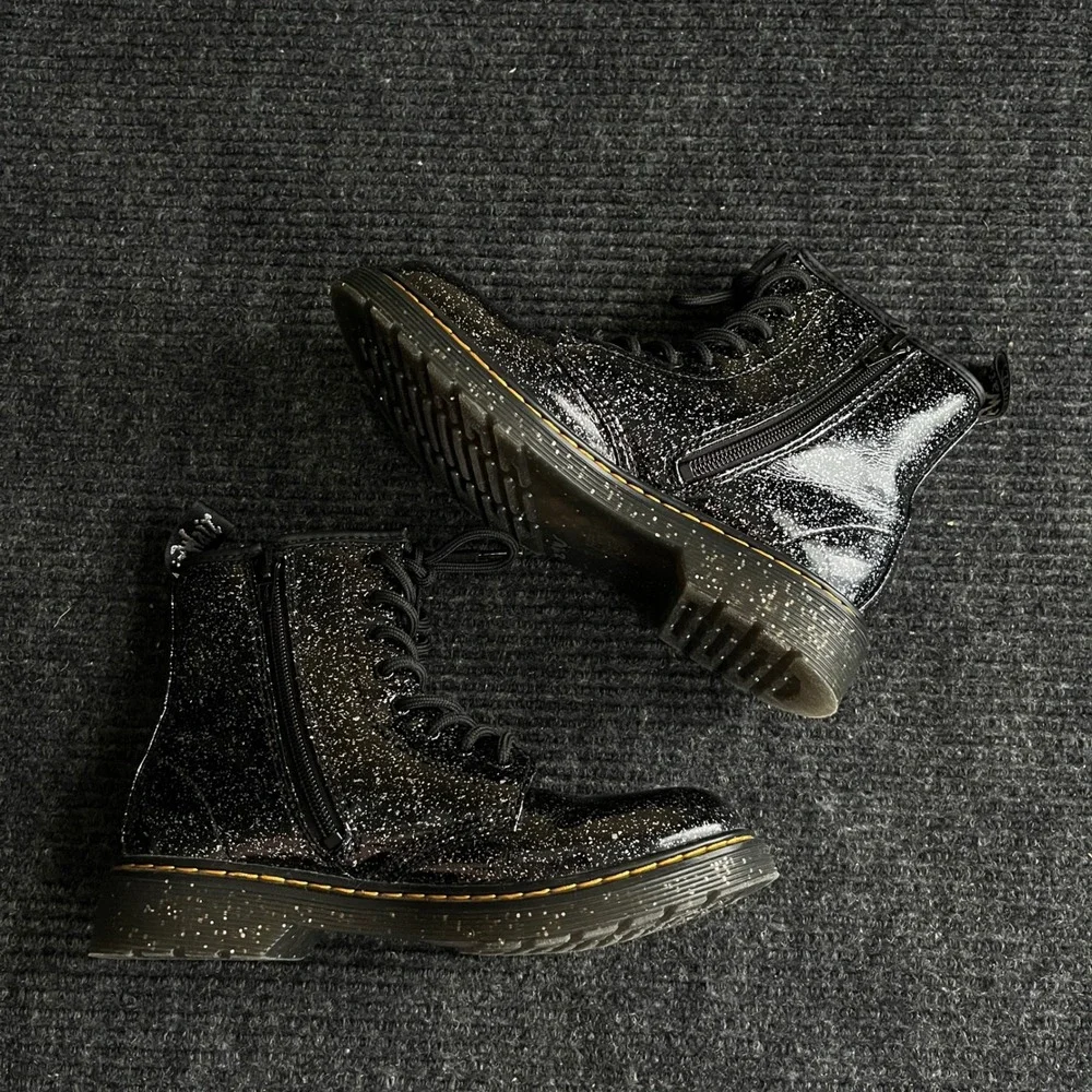 Dr. Martens 1460 J Boots Kids Size 4 Women 5 Black Glitter Zip Lace Up Combat
